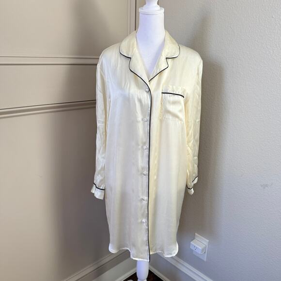 Oscar Rossa 100% Silk Ivory Sleep Shirt with Black Piping Size Small - Picture 1 of 4